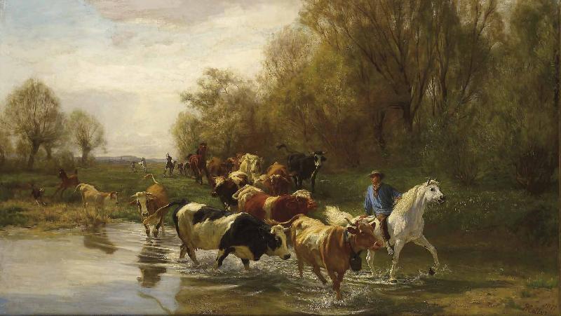Rudolf Koller Kuhe mit Reiter am Wasser beim Zurichhorn Sweden oil painting art